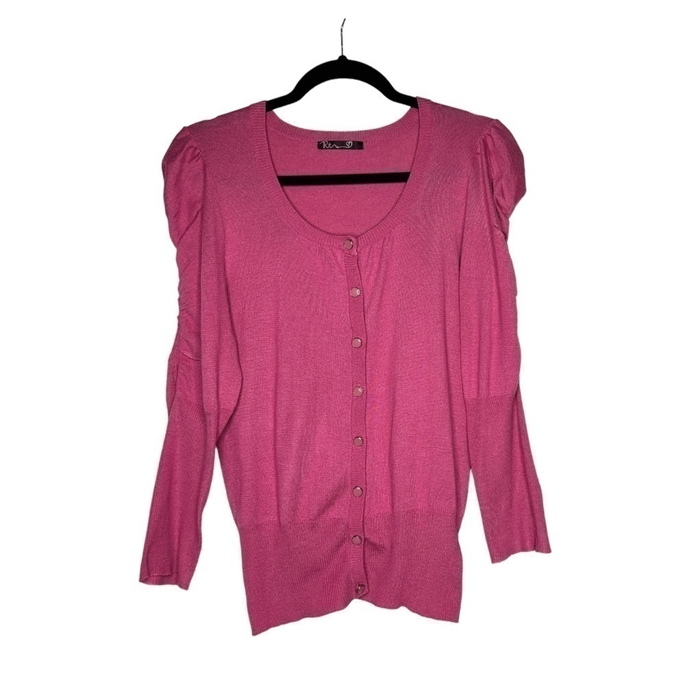 Y2k Hot Pink Barbie Vibes Cardigan Puff Sleeve Sweater size Large
